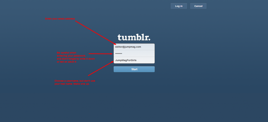 tumblr signup filled in